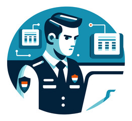 A vector illustration of an alert security guard, monitoring security screens with a focused and protective stance, in uniform.