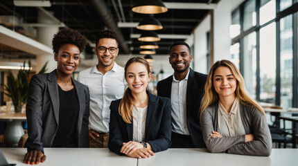 Diverse group of people from different backgrounds and ethnicities in a modern office happy at work, smiling multiethnic corporate men and women executives, diversity and inclusivity concept - obrazy, fototapety, plakaty