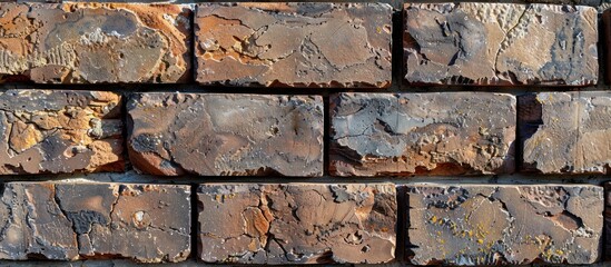 Detailed view of a brown rectangular brick wall, showcasing the texture and arrangement of the individual bricks.