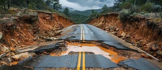 A road with a pothole covered with a thick layer of mud, due to a natural disaster or heavy rains, making it impassable for vehicles.