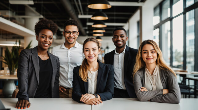 Diverse group of people from different backgrounds and ethnicities in a modern office happy at work, smiling multiethnic corporate men and women executives, diversity and inclusivity concept