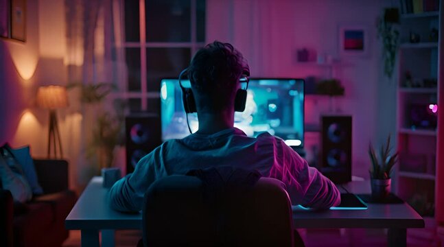 back view. man is playing game on pc