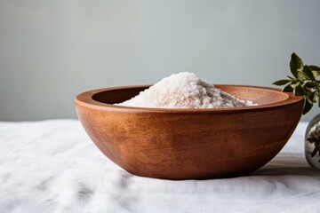 Fototapeta na wymiar Durable Salt wooden bowl. Sea bowl mineral spice crystals. Generate Ai