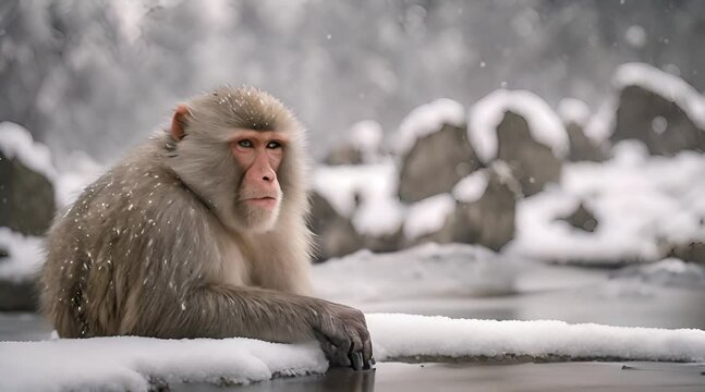 Serenity in the Snow, A Japanese Macaque Finds Solace in a Steaming Hot Spring