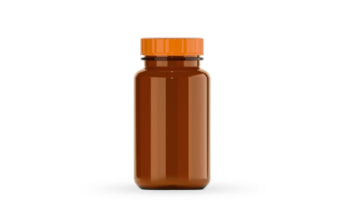 Empty brown glass supplement bottle for medicine, transparent background