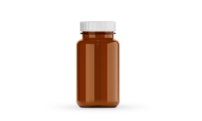 Empty brown glass supplement bottle for medicine, transparent background