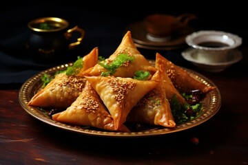 Spicy Hot samosa in plate. Meal cuisine. Generate Ai - obrazy, fototapety, plakaty
