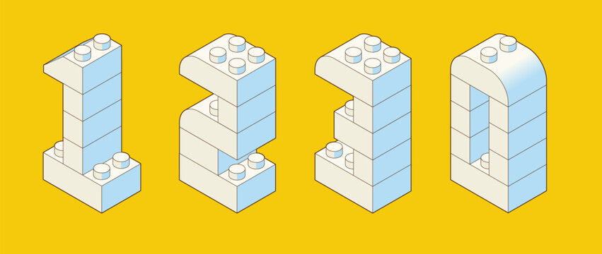 Numbers 1, 2, 3, 0 from Plastic building blocks. Colored bricks isolated on white background. Vector 3d illustration.