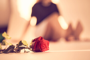 Close up of red rose on a narrow beam of sunlight on background of a blurry image of unrecognisable woman. Backdrop with copy space, empty, peach fuzz. Template, mock up for your design, text, card.