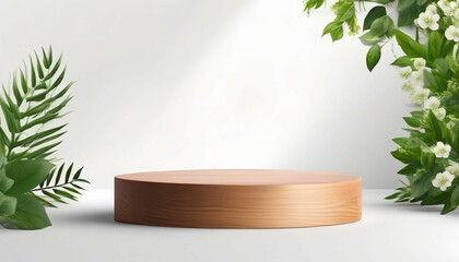 Beautiful bright natural template for product presentation in the form of wooden pedestal or podium framed with fresh green foliage and flowers on light background.
