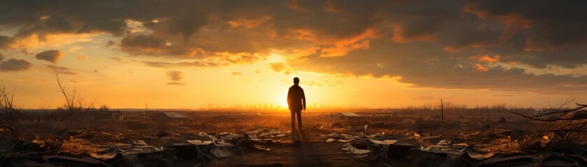 Fototapeta premium Visualize a haunting scene through a rear view perspective of a solitary figure walking through a crumbling, post-apocalyptic landscape
