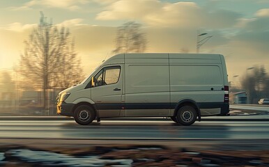 Fototapeta na wymiar White Van in Motion on the Road