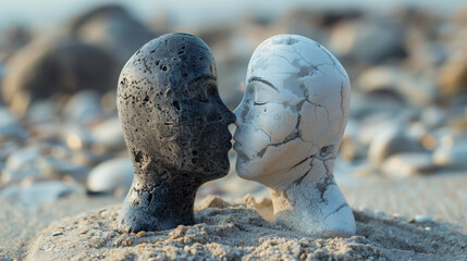Two black and white statues kissing on beach - obrazy, fototapety, plakaty