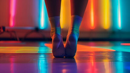 Vibrant Ballet Studio: Close-Up of Ballerina Feet in Socks