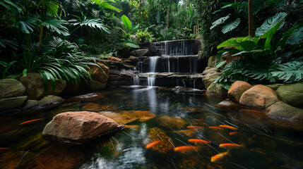 Beautiful waterfall in tropical garden with green plants and water stream. Waterfall in the tropical garden. Waterfall in the jungle.
