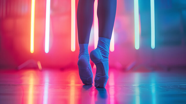 Close-up photo of ballerina legs in bright ballet studio in tap shoes vibe color
