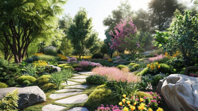 A Garden Painting With Rocks and Flowers