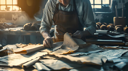 Leather Craftsman Working with Hide Material