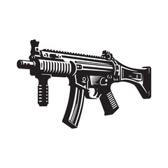 Tactical Firepower Display: Dynamic Depiction of Submachine Gun Silhouette Enhanced with Submachine Gun Illustration - Minimallest Submachine Gun Vector