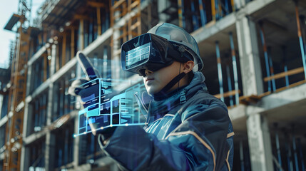 Futuristic Architectural Engineer Wearing Augmented Reality Headset, Uses Gestures to Create 3D Graphics VFX Model of a Building with Infographics. In Background Construction Site in Progress