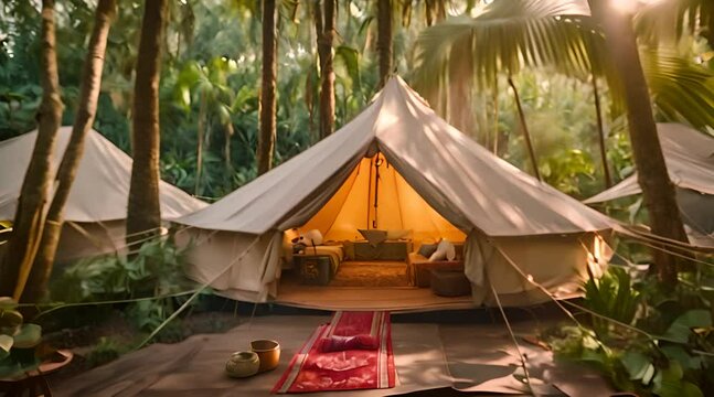 A Secluded Canvas Tent Tucked Away in a Lush Green Forest