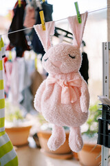 Pink plush rabbit is drying on a clothesline pinned behind its ears with clothespins on the balcony