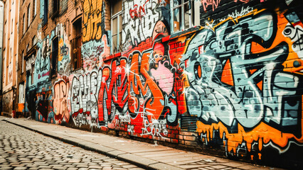 Vibrant graffiti art covering a brick wall in an urban alley, showcasing colorful street culture...