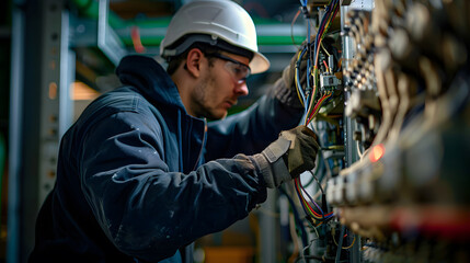 Master electrician performs work in the electrical room wearing a helmet and safety goggles