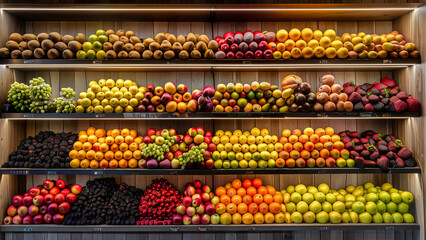 Colorful display of fresh fruits and vegetables neatly arranged on supermarket shelves, highlighting healthy food choices. - obrazy, fototapety, plakaty