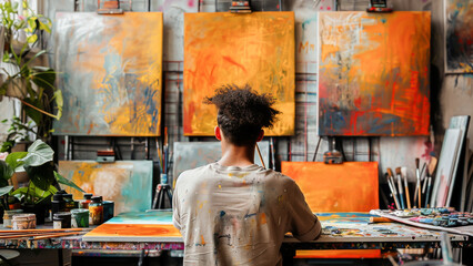 An artist working on vibrant paintings in a colorful art studio filled with canvases and art...