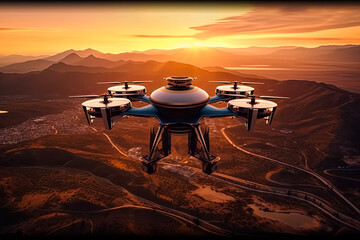 A futuristic drone is flying over a body of water with a beautiful sunset