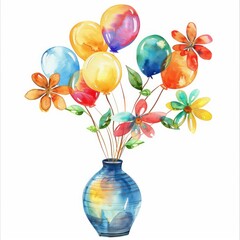Whimsical watercolor clipart of a vase with colorful balloon flowers isolated on white