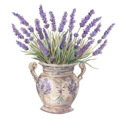 Watercolor illustration of an ornate vase with lush lavender calming and graceful