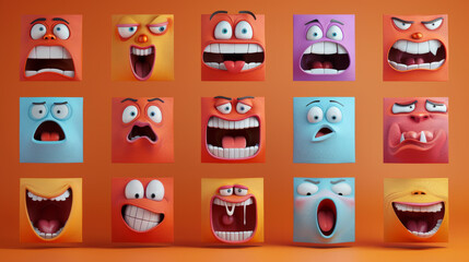 A collection of cartoon faces with different expressions, including angry, sad, and surprised. The faces are arranged in a grid, with some overlapping and others standing alone
