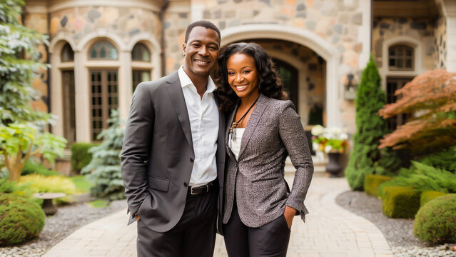 An elegant and successful couple standing happily in front of their luxurious stone mansion, exuding style and wealth.