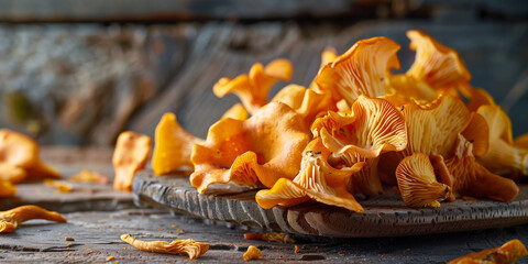 Raw chanterelle mushrooms presented on a weathered rustic backdrop. - obrazy, fototapety, plakaty