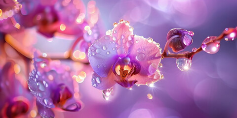 Fototapeta na wymiar Vibrant Purple Orchids with Water Droplets on Petals on a Purple Background