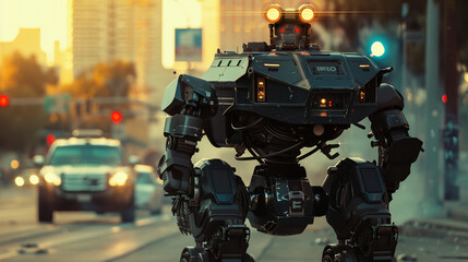 AI police robot in pursuit, dynamic motion, neon cityscape, high-intensity cinematic scene - obrazy, fototapety, plakaty