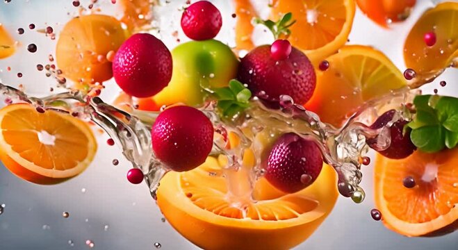 Juicy Explosion, A Photorealistic Image of an Orange and Strawberry in Mid-Splash