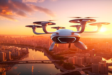 A futuristic drone is flying over a body of water with a beautiful sunset