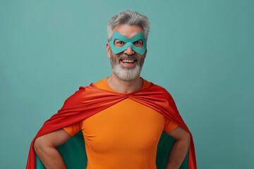 Smiling Middle-Aged Man in Superhero Costume Posing - Powered by Adobe