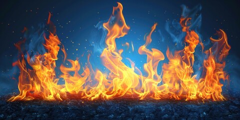 Multiple fire flames burning fiercely against a dark backdrop