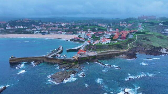 Comillas town, aerial view from a drone. Comillas Municipality. Cantabrian Sea. Cantabria. Spain. Europe
