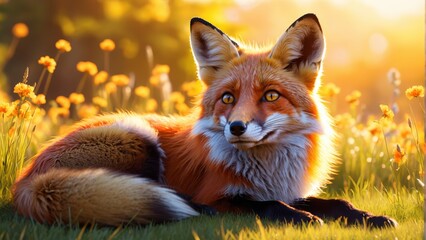 Obraz premium A tight shot of a fox reclining in a meadow, surrounded by yellow flowers, while the background softly blurs