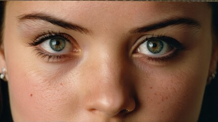 Naklejka premium A tight shot of a woman's face, adorned with freckles around her eyes and one at the tip of her nose