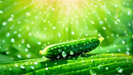   A tight shot of a cucumber against a leaf backdrop, adorned with water beads on the greenery Sun glows behind, casting light