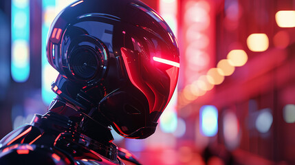 AI police robot, metallic finish, enforcing law in a dystopian city, cinematic lighting