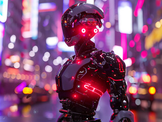 AI police robot patrolling neon-lit streets, cinematic, futuristic design, imposing presence