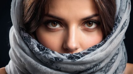   A close-up of a woman with two scarves - one over her head, concealing her face