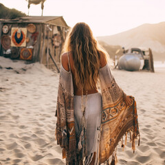 Beautiful young woman back side in boho dresses walking outdoors on the beach at sunset. Hipster traveler girl © zulfiska